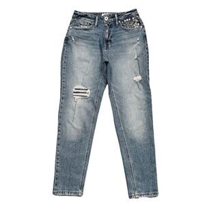 Edgely 90s Taper High Rise Jeans 6 Short (28x27) Blue Distressed Denim Womens